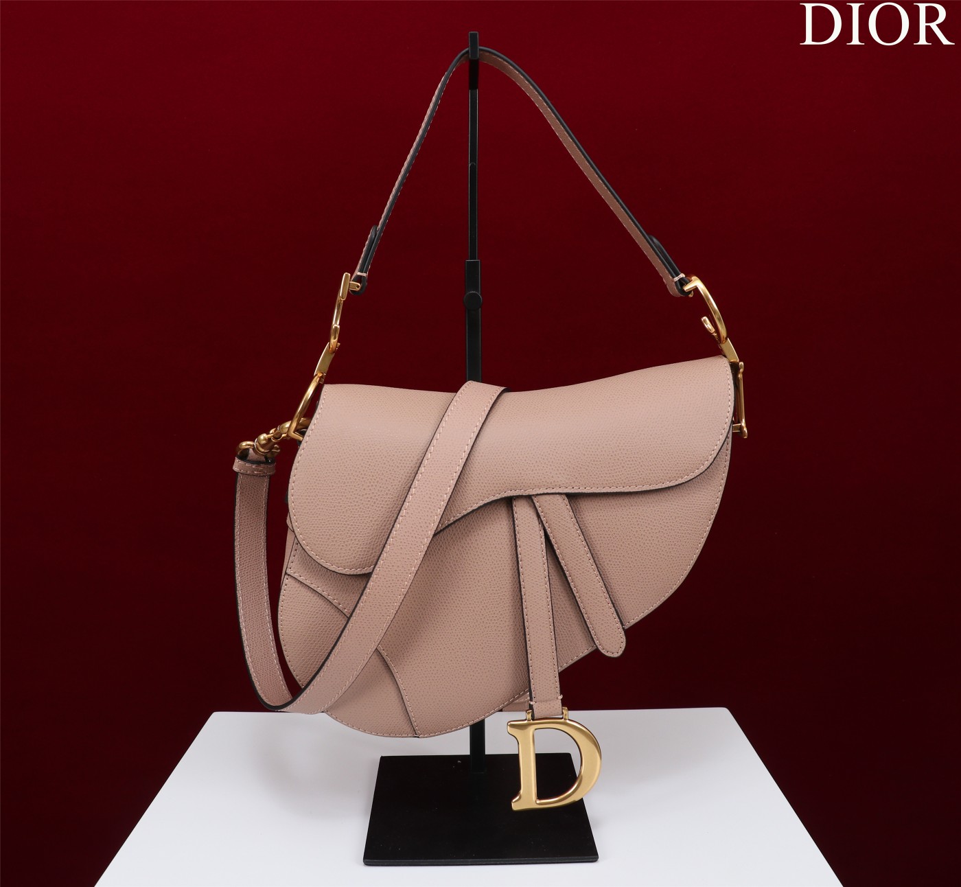 Saddle Bag with Strap Nude Pink Grained Calfskin